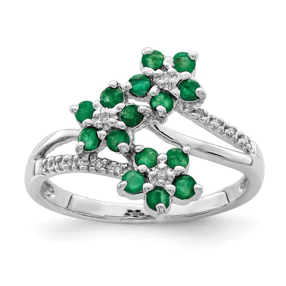 925 SterlingSilver Rhodium-plated 3 Flower Green Emerald and Diamond Ring 6